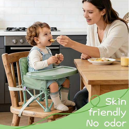 Image of Portable Baby Chair,Portable 3-in-1 Baby Booster Seat with Tray,Folding Toddler High Chair for Travel,Camping, Home & Dining, Easy to Clean & Store, Safe with Child Safety Belt Carry Bag(Green)