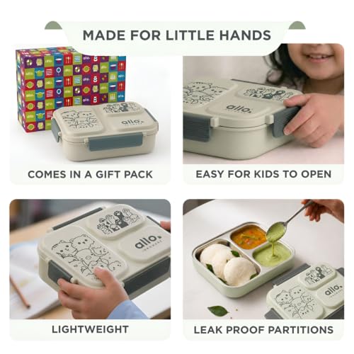 Image of Allo Bento Stainless Steel Lunch Box for Kids- BIS Approved, 304 Stainless Steel 3 Compartment Leakproof Tiffin Box for Boys and Girls for School, Travelling, Baby Snacks, 740ml Green Cats