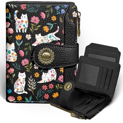 Icycay Flowers Cat Wallet Women Small RFID Blocking Bifold Cute Credit Card Holder Zipper Coin Pocket PU Leather Compact Travel 4 ID Window 14 Card Slots Cash Purse Ladies Woman Female Girls