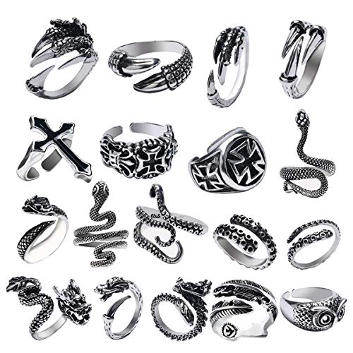KESOCORAY 18 PCS Opening Gothic Punk Rock Rings Diverse Dragon Claw Owl Cross Octopus Snake Rings