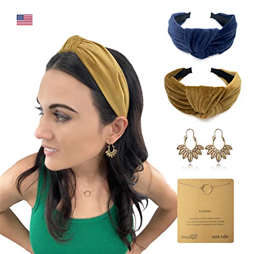 Soramar Headbands Boho Earrings Layer Dainty Necklace Set Accessories for Women and Teen Girls. Knotted Twisted Velvet Head Hoops for Any Occasion. Makes Great Gifts for Her. (Gold/Blue)