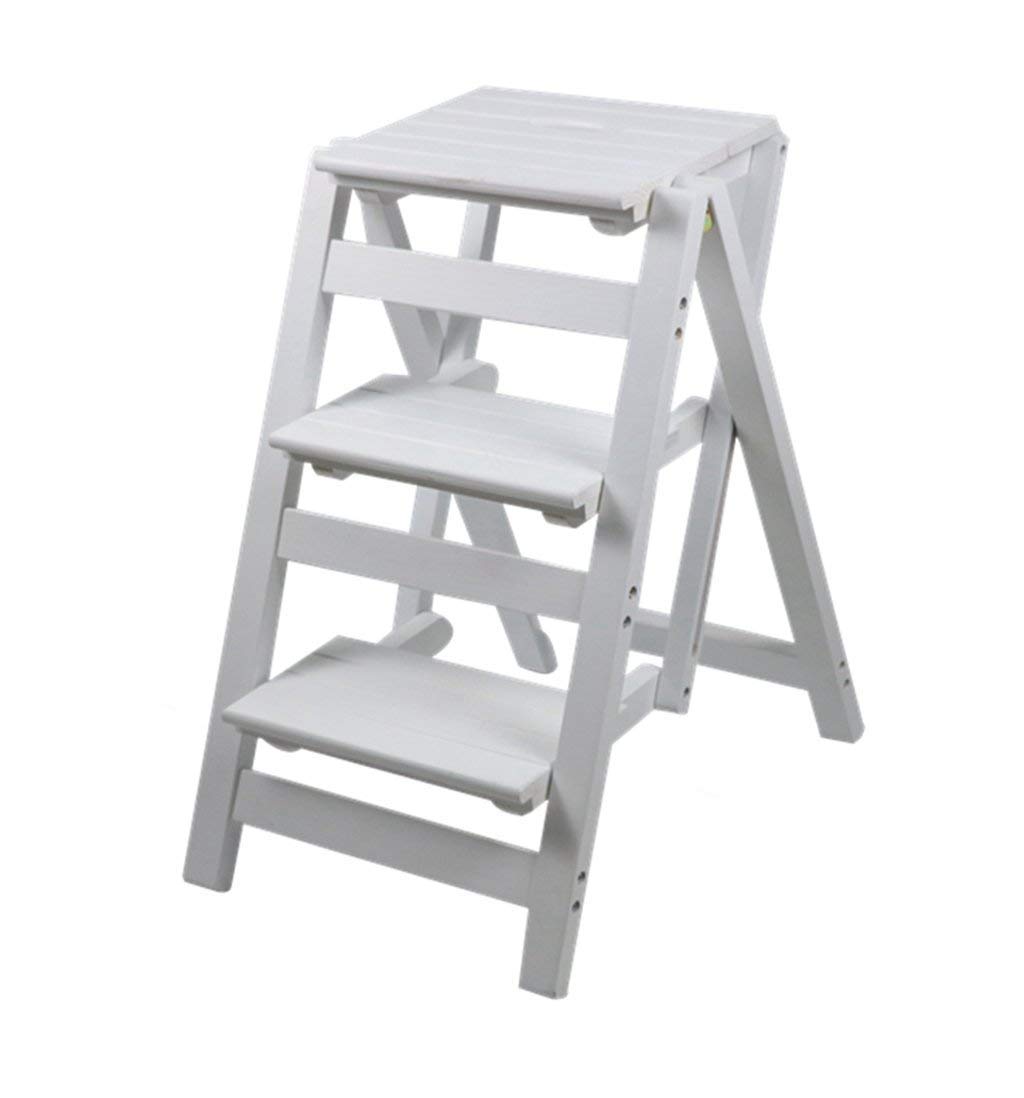 ZGYOZMNG Step Stools Folding Steps Solid Wood Ladder Stool Folding Fold Up Library Steps Stool Multifunctional Wooden Kitchen Office Use Ladder Chair with 3 Steps - White
