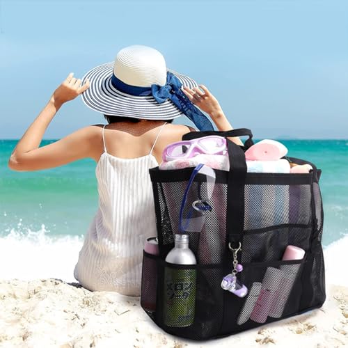 Mesh Beach Bag for Women, Large Beach Tote Bag with 8 Pockets, Lightweight Beach Bags Accessories Essentials2