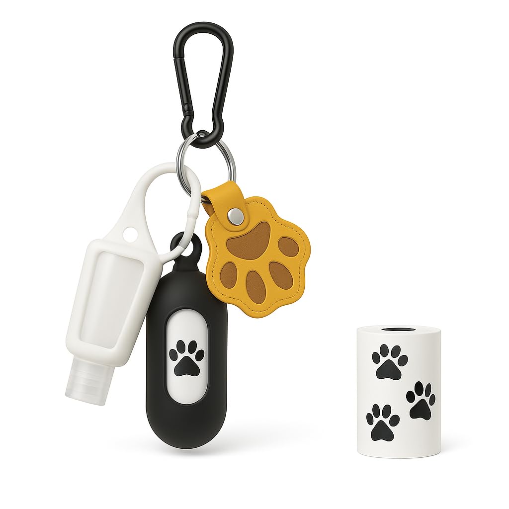 Fusion Finds White Dog Walking Accessory Set - Silicone Poop Bag Dispenser, Hand Sanitiser Holder & Paw Keychain - Includes 30 Leak Proof Dog Poo Bags - Hands Free Lead Attachment