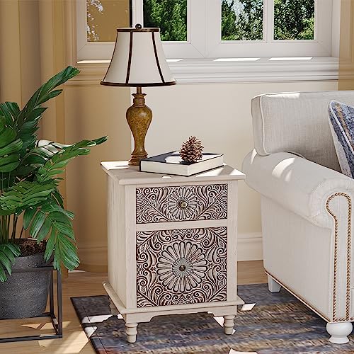 Image of SUNBURY End Table Living Room Small Side Table w Drawer, 18 inch Vintage Wood Nightstand, 2-Tier MDF Living Room End Table Wood Accent Table, Bed Side Night Stand
