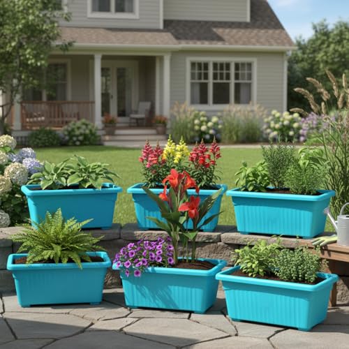 Image of Bianco Rectangular Plastic Pots for Plants, Jupiter Flower Pots for Home, Window Display, Garden (35 x 18.5 x 15 cm) (Blue) (Pack of 12)