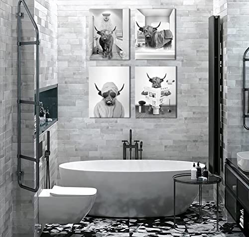 Hpniub Funny Cow Wall Art In Bathtub, Black And White Canvas Bathroom Picture Set Of 4 Piece (8X10Inch,Framed) Vintage Humor Animals Bathroom Farmhouse Artwork For Kids Bathroom Decor #TOP4