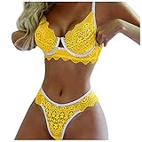 Sexy Lingerie for Women Naughty Sex/Play, Women's Exotic Apparel Christmas Pajamas Costume Lace Wireless Bowknot Bra Thong Lingerie Underwear Pajamas Set Lingerie Set (XL, Yellow)