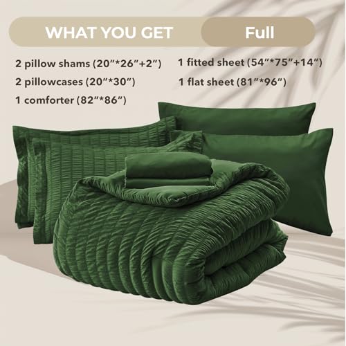 Image of HYMOKEGE Dark Green Full Size Comforter Sets Seersucker 7 Pieces, All Season Luxury Bed in a Bag for Bedroom, Bedding Set with Comforters, Sheets, Pillowcases & Shams