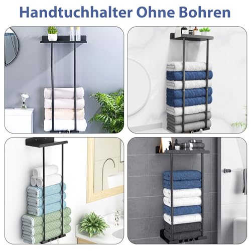 Handtuchhalter Ohne Bohren – Ausziehbares Handtuchregal 38–75 cm mit Haken Stabile Selbstklebend mit Ablage & Haken Gästehandtuchhalter Wandmontage Handtuchhalter Schwarz für Badezimmer & Gäste-WC (A)