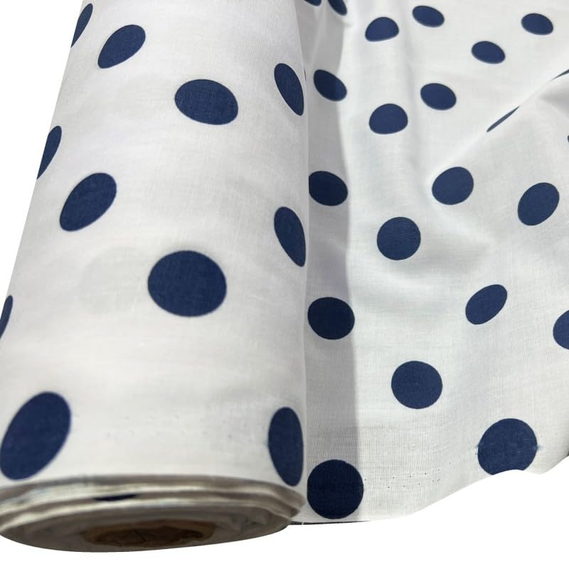 EU Fabrics Polka Dots Polycotton Fabric | Lightweight Material for Sewing | Ideal for Decor and Craft | Spotted Fabric by the Metre (Large Navy Spots on White Background, 1 Metre x112cm)