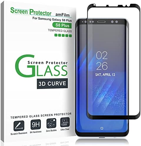 amFilm Glass Screen Protector for Samsung Galaxy S8 Plus, 3D Curved Tempered Glass, Dot Matrix with Easy Installation Tray, Case Friendly (Black), 1 Pack