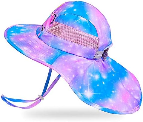 Kids Sun Hat UV Protection Unicorn Summer Beach Play Hats Wide Brim Neck Flap for Girls 2-9 Years, Blue Purple