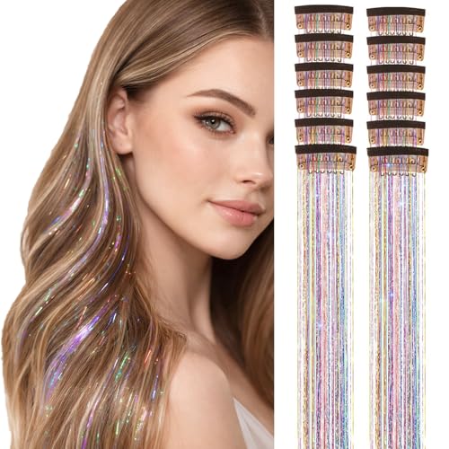 12PCS Rainbow Tinsel Hair Extensions – Clip-In Glitter Strands & Heat Resistant Synthetic Highlights for Girls & Women – Multicolour Festival Hair Accessories for Braids – Plaits & Wavy Looks