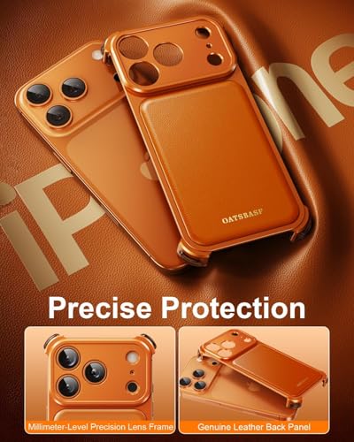 Image of Luxury Leather Phone Case Compatible with iPhone 17 Pro Max | Frameless Aluminum Alloy Bumper | Shockproof Cover - Orange Titanium