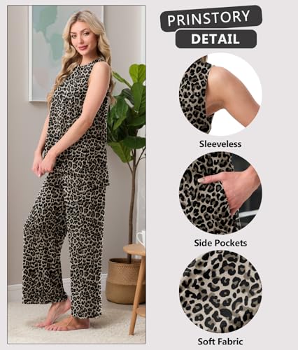 Image of PrinStory Womens Pajamas Sets 2 Piece Soft Pjs for Women Sleeveless Pajama Set Summer Loungewear with Pockets