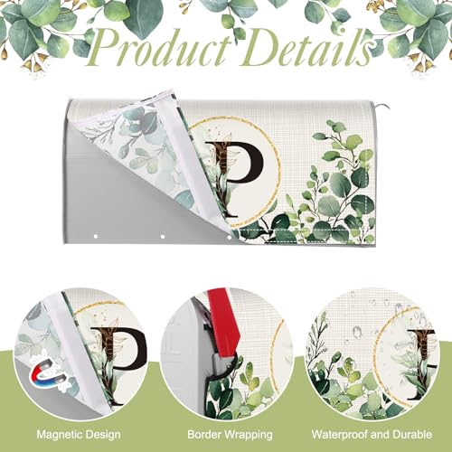 Image of Tiamon Monogrammed P Mailbox Covers Magnetic Eucalyptus Welcome Letter Box Wrap Standard Size 21x18 Inch Spring Summer Leaves Mailbox Decor Eucalyptus Letter Numbers Decoration for Outdoor Garden Yard