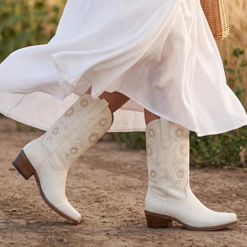 Image of Cowboy Boots for Women - Mid Calf Western Sunflower Cowgirl Boots with Floral Embroidery, Square Toe Stitched Pull On Retro Design, Perfect for Country Idyll, Concerts and More