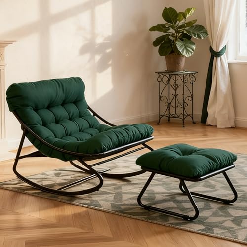 HavenGlide Schaukelstuhl für drinnen & draußen mit Kissen, XXL Schaukelsessel mit Hocker, Outdoor Lounge Sessel, Relaxsessel Relaxstuhl bis 150 kg Belastbar für Garten Balkon Wohnzimmer (Grün)