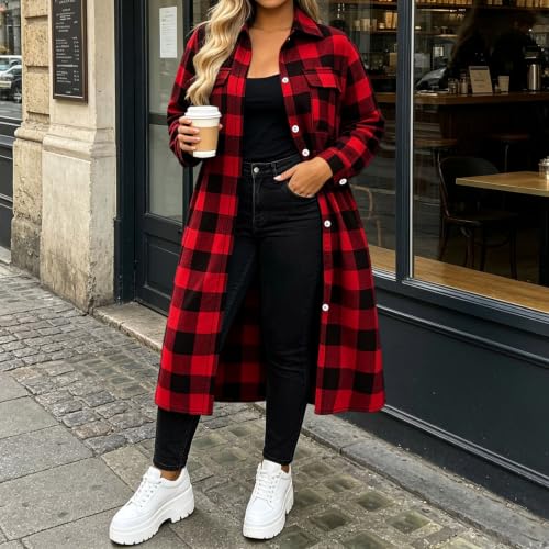Flannel Shirts for Women Long Sleeve Long Plaid Tops Button Down Shacket (US, Alpha, Large, Regular, Regular, Wine) - image 3