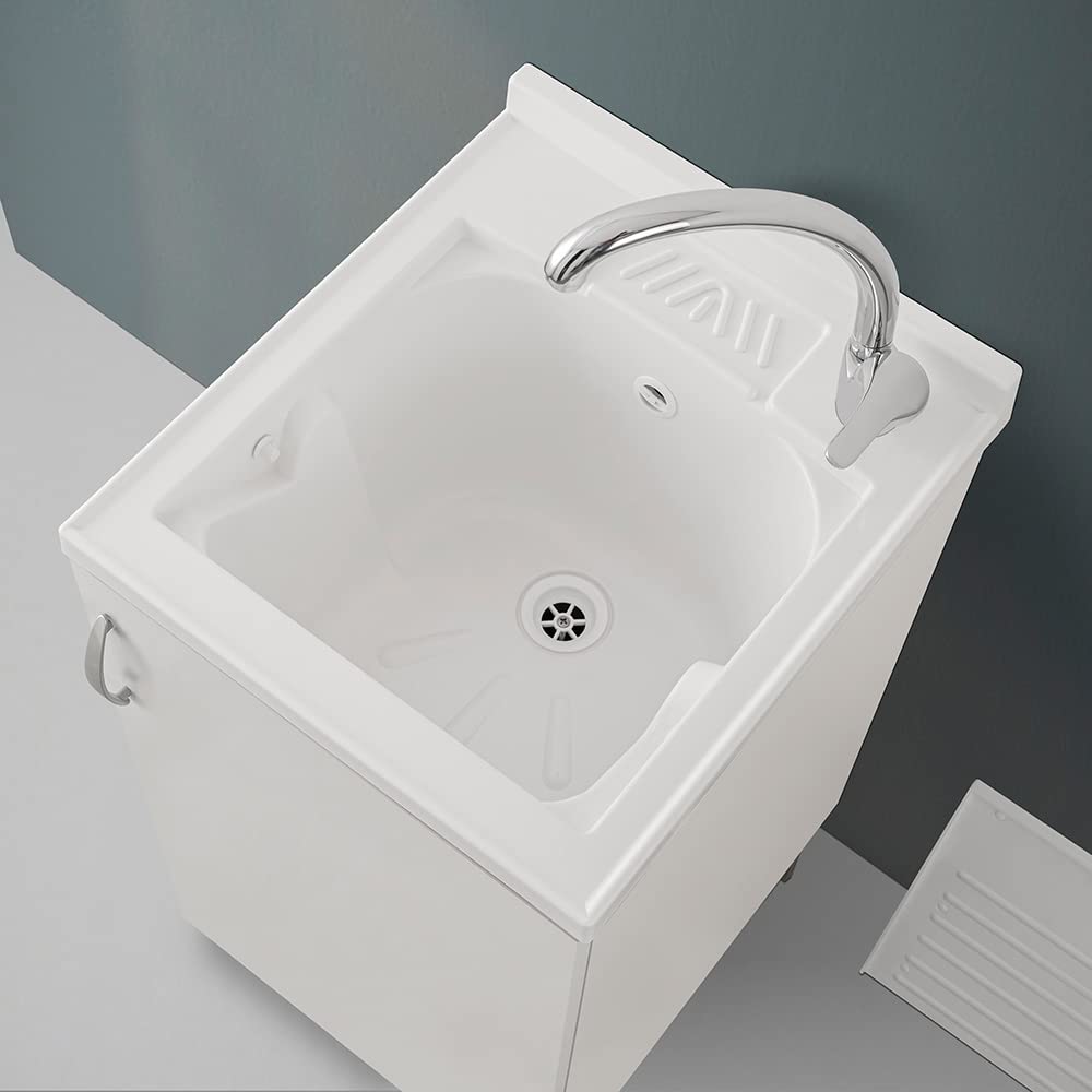 Mobile lavatoio lavanderia in legno con vasca in resina resistente agli acidi, completo di asse di lavaggio e kit sifone + piletta (Bianco, 45x50 cm 1 anta)
