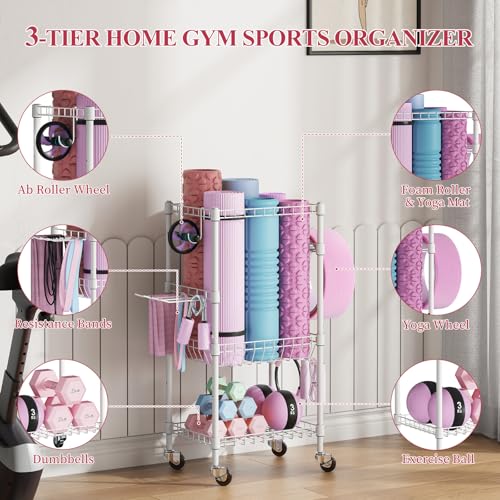 VOPEAK Home Gym Storage Rack with Wheels, Yoga Mat Storage Organizer for Kettlebells, Dumbbells, Resistance Bands, Space Saving 2-Tier Weight Rack for Home Gym, Garage, Easy to Install (3Tier-White)