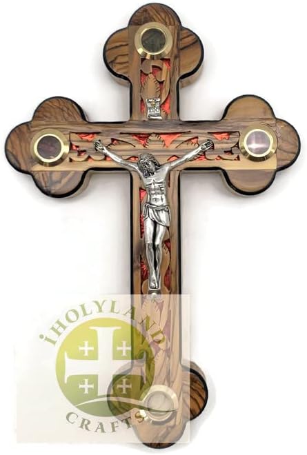 Miniatura 8 de Catholic Crucifix for Wall With Mother of Pearl, Olive Wood Cross Wall Decor, 9 Inch Wooden Crucifix with Relics from the Holy Land, Wedding