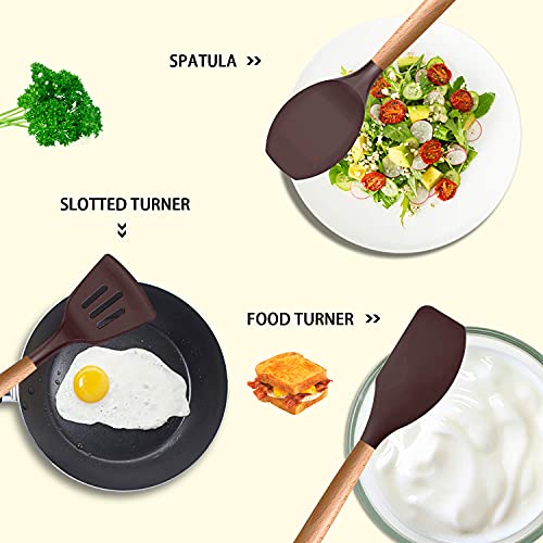 Mibote 17 Pcs Silicone Cooking Kitchen Utensils Set With Holder, Wooden Handles Bpa Free Non Toxic Silicone Turner Tongs Spatula Spoon Kitchen Gadgets Utensil Set For Nonstick Cookware (Coffee) #TOP2