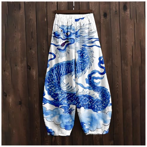 Womens Linen Pants Baggy Wide Leg Pants Dragon Print Flowy Boho Harem Sweatpants Lantern Trousers Elastic Waist4