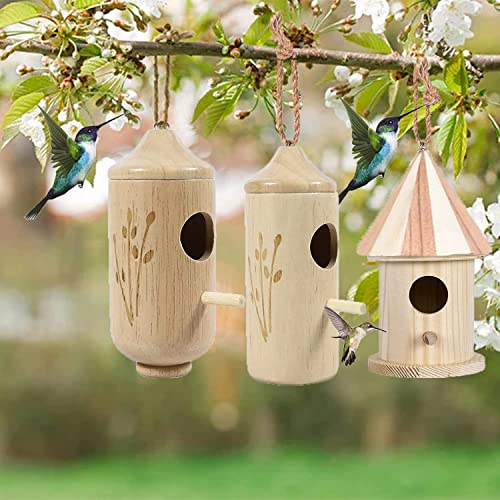 3Pcs Hummingbird House, Wooden Hummingbird House For Outside Hanging, Cute Humming Bird Nest With Hemp Ropes, Hanging Bird Houses For Outdoor Garden Home Decor, Nesting Birdhouse Nature Lovers Gift(A) #TOP1