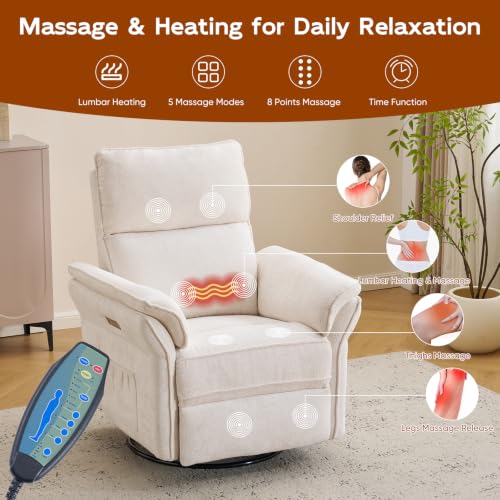Image of Swivel Rocker Recliner with Auto Rocking,Power Recliner Nursery Chair with Massage and Heat,Glider Recliner Nursery Chair for Living Room,White