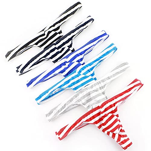 ROUJI Pack of 6 Sexy Men Striped Thongs G-Strings Gay Underwear T-Back Low Rise Bulge Pouch Underwear Low Rise Bikini Briefs