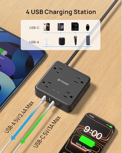Image of TROND 360 Rotating Flat Plug Power Strip, 10FT Flat Extension Cord with Multiple Outlets 4 USB (2 USB C), Wall Mount Surge Protector 1440 Joules for Home Office Travel Dorm Room Essentials, Black