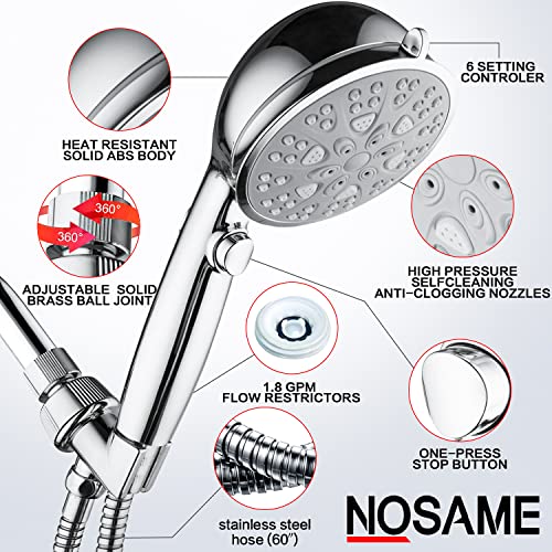 Nosame Newest 6+1 Handheld Shower Head With On/Off Switch Set High Flow Water Saving Eco Flow Handheld Showerheads With Hose And Brakets For Baby, Pet, Rv And Gift,Chrome #TOP4