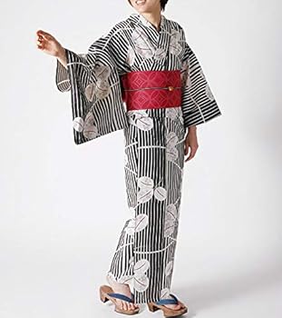 Amazon | [dear-japan] 浴衣 単品 縞に萩 赤 黒 白 桜