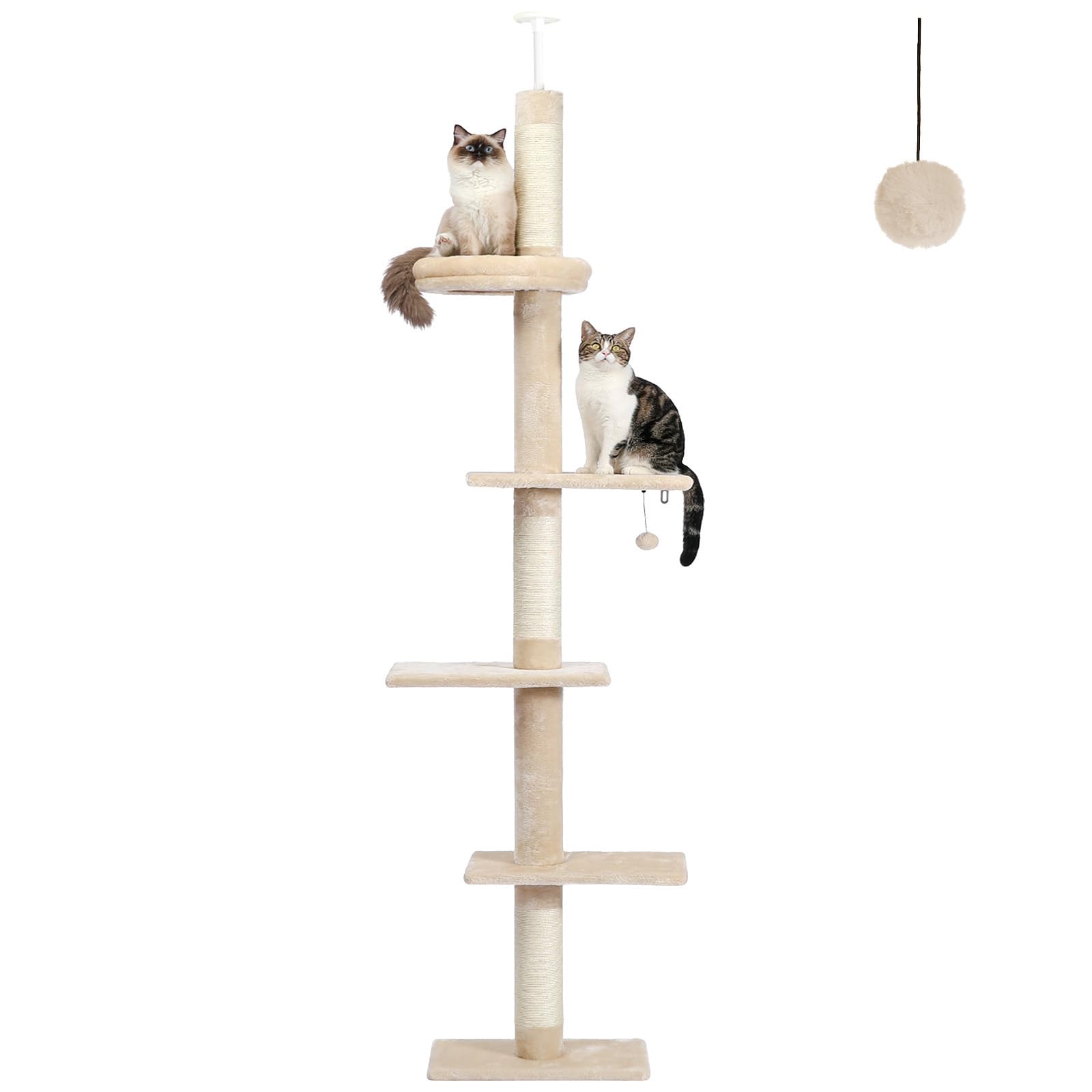 PETEPELA Cat Tower 5-Tier Floor to Ceiling Cat Tree Height(95-107 Inches) Adjustable, Tall, Climbing Tree Featuring with Scratching Post, Cozy Bed,Interactive Ball Toy for Indoor Cats/Kitten Beige