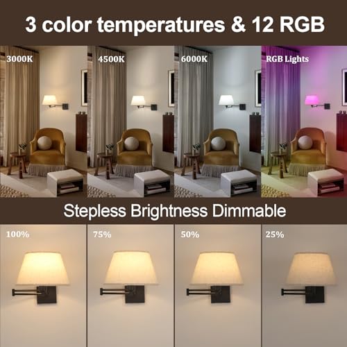 Image of Shenmoyl Battery Operated Wall Sconces Set of 2, Swing Arm Adjustable Wall Lamp 5000 mAh Rechargeable Bulb with 12 RGB Colors Dimmable Wall Sconce for Living Room Bedroom