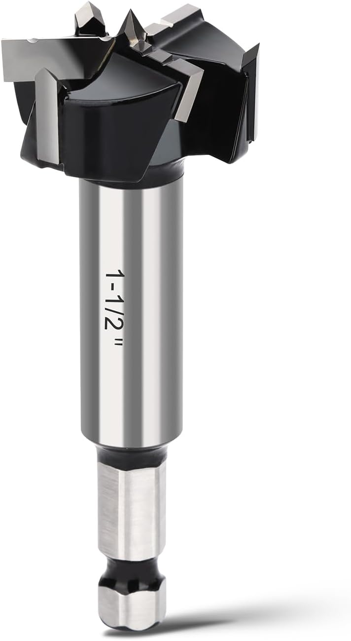 1-1/2" Forstner Drill Bit with 3/8" Quick Change Hex Shank,Triple Flute Tungsten Carbide Tipped - for Hard Wood,Soft Wood Woodworking Hinge Cutter Tool Kits for Veneered Plywood Plastic