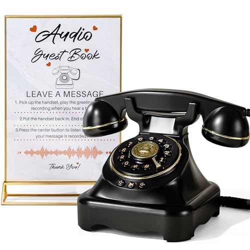 FiayaCom Audio Guest Book Wedding Phone with One-Touch Playback & Adjustable Volume for Wedding Anniversary Birthday Parties Tattle Phone for Classroom (Large Black+Sign)