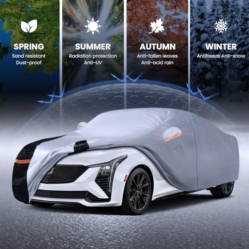 Image of Multi-Layer Car Cover Custom Fit for Cadillac CT5(2019-2026), 100% Waterproof All Weather for Automobiles, Gift with Towel, Heavy Duty Car Covers for Rain Sun UV Protection with Door Zipper