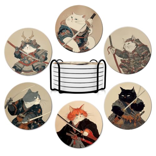 Dooke Coasters for Drinks Round Absorbent Ceramic Stone Coasters Set of 6 with Cork Base Funny Drink Coasters with Holder for Cold Drinks Wine Mugs and Cups Tabletop Protection Japanese Cat