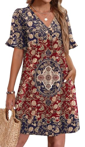 Image of OFEEFAN Summer Dresses for Women Ruffle Short Sleeve V Neck Casual Shift Dress with Pockets