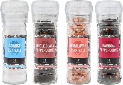 Soeos Black Peppercorns + White Sea Salt + Rainbow Peppercorns + Pink Salt, 10.6oz(300.50g) Spice Total, Glass Bottle Grinder with Spice Included, Salt and Pepper Set, Spice Grinder Set, Spice Set.