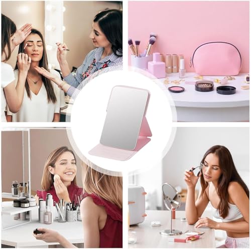 Image of Foldable Travel Mirror, Portable Pocket Makeup Mirror with Stand, Compact Handheld Vanity Mirror for Purse, Desk & Travel Use (7x11cm) (Pink)