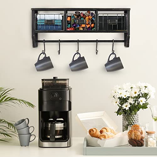 Hbcy Creations Wall Mounted Shelf With Coat Hooks And Baskets, Solid Wood Entryway Organizer Wall Shelf With Hooks - Hang Coats, Keys Or Coffee Mugs, Rustic Blackwash 24" Wide #TOP5