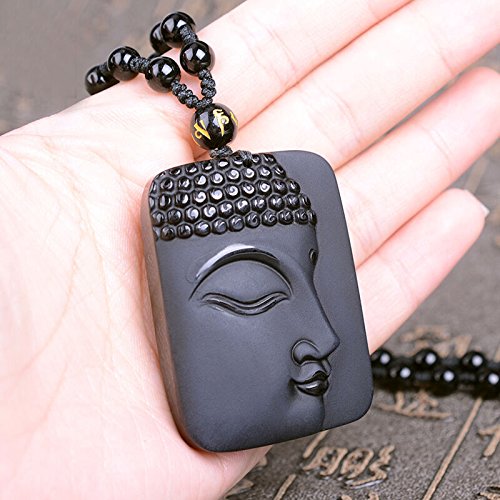 Collier de Bouddha en obsidienne et pendentif de jade avec chaîne