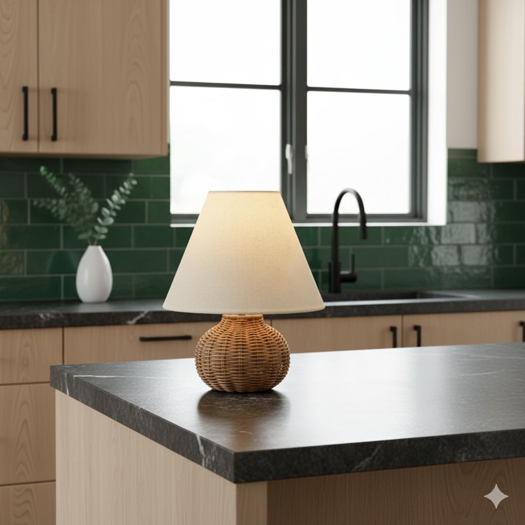 11" Small Mini Wicker Table Lamp, Dimmable Rattan Bamboo Lamp with Off-White Fabric Shade, Boho Accent Light for Nightstand, Nursery, Small Spaces, Kitchen Counter, Bookshelf