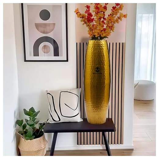 Metallicon Luxurious Hammered Gold Metal Floor Vase Tall Decorative Vase for Living Room, Modern Minimalist Design, Perfect for Dried Flowers (24.2 Inch) (Gold)