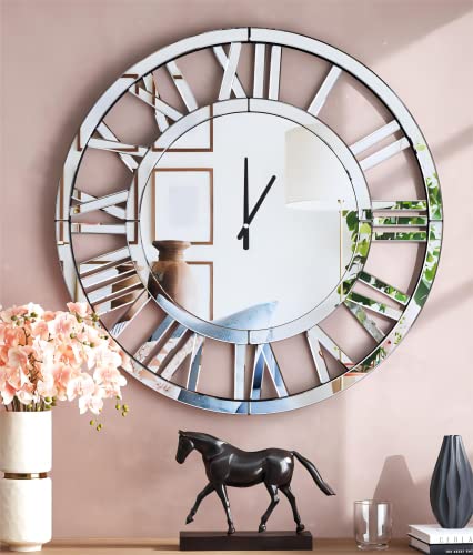 Shyfoy 34" Oversize Wall Clock Living Room Decor, Extra Large Decorative Mirror Wall Clocks, Silver Wall Decor Big Clocks Modern Roman Numerals Home Decor, Acrylic Mirror Finish #TOP5