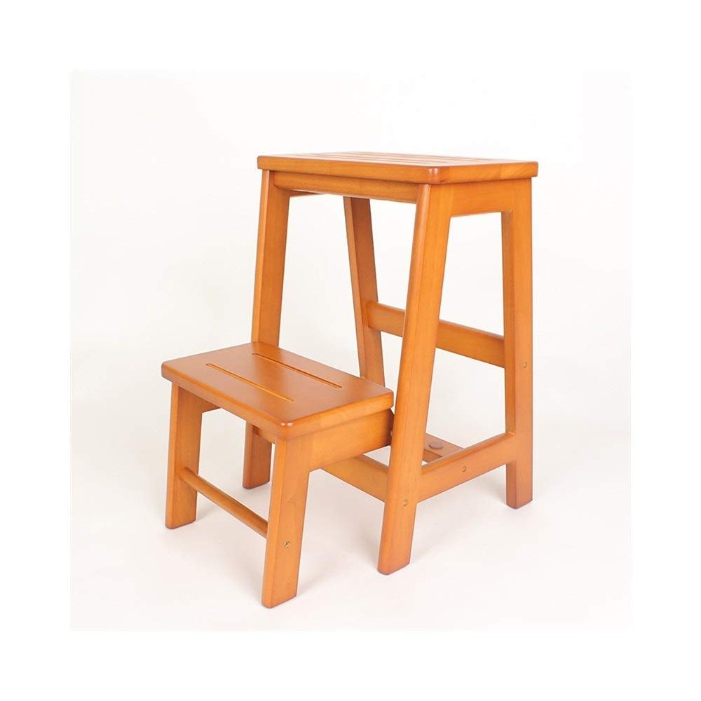 Escalera plegable de madera y taburete multifunción color miel para organización del hogar
